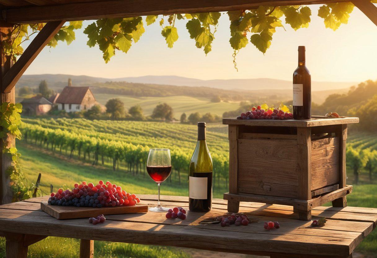 A picturesque vineyard at sunrise with lush grapevines leading to a rustic wooden cider press. A glass of red wine on a weathered table, alongside a fresh cider bottle, both sparkling in the morning light. A gentle river flowing nearby, symbolizing the journey from orchard to glass. Soft, warm tones create an inviting atmosphere. super-realistic. vibrant colors.