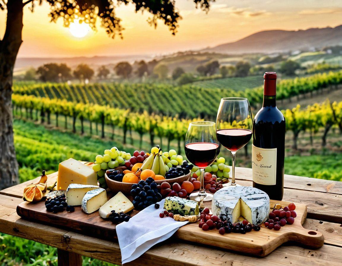 A beautifully set dining table featuring an elegant wine glass half-full of deep red wine next to a rustic wooden cheese board adorned with a variety of cheeses and fruits. In the background, lush vineyards stretch under a golden sunset, with a bottle of crisp cider resting on the table. The atmosphere is warm and inviting, showcasing the harmony of wine and food. vibrant colors. super-realistic. warm lighting.