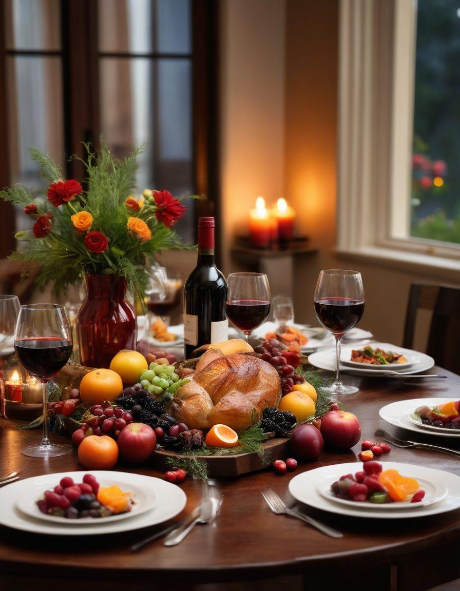 A beautifully set dining table with an elegant arrangement of glasses filled with rich red wine and sparkling cider. In the background, a delectable spread of gourmet dishes enhances the scene, highlighted by soft, ambient lighting. Artistic wine bottles and cider jars embellish the table, surrounded by decorative fruit and herbs for an essence of flavor. The atmosphere is inviting, evoking the joy of a culinary journey with friends. vibrant colors. super-realistic. warm lighting.